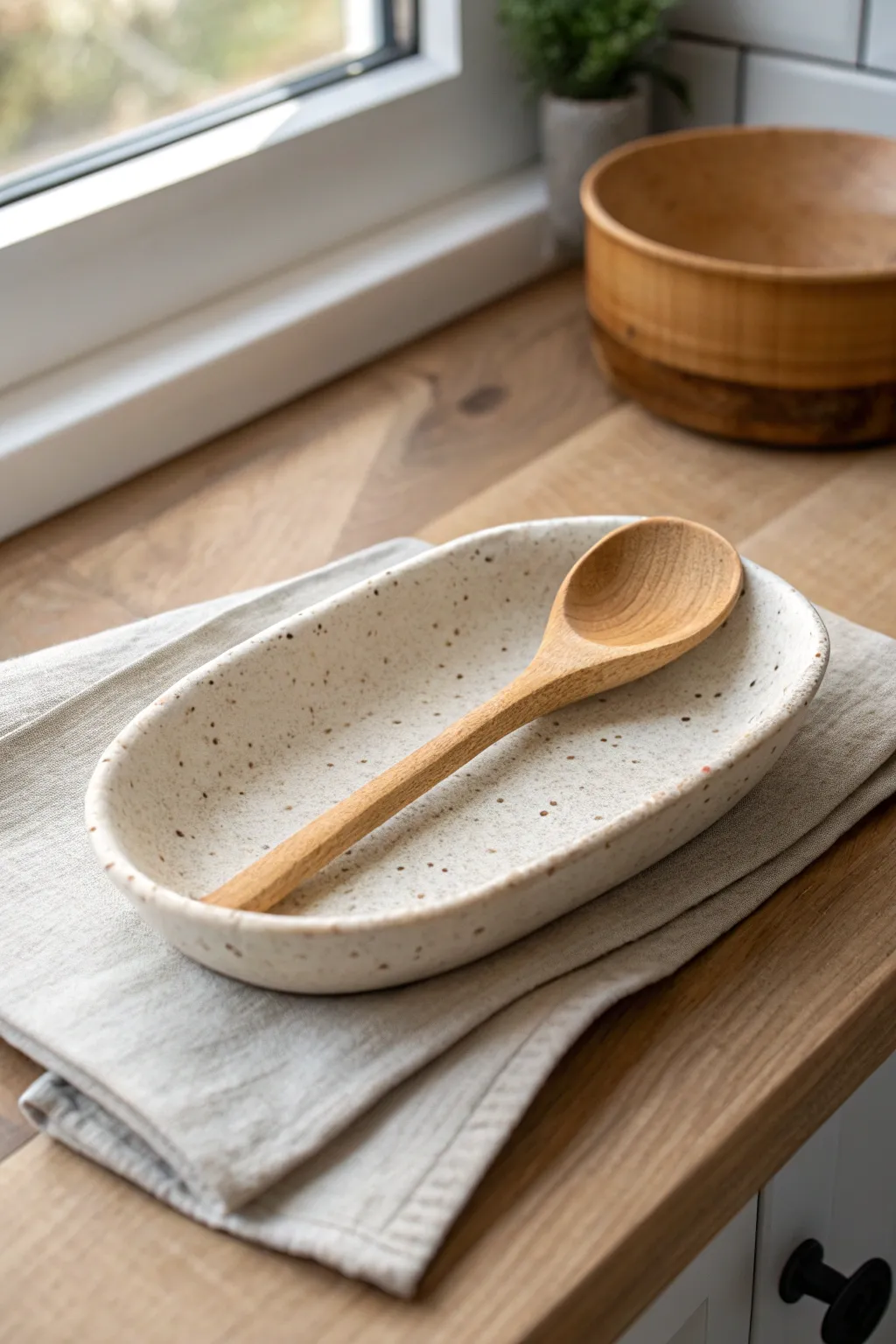 Soft-curved slab spoon rest in speckled clay, styled with a wooden spoon on warm oak.