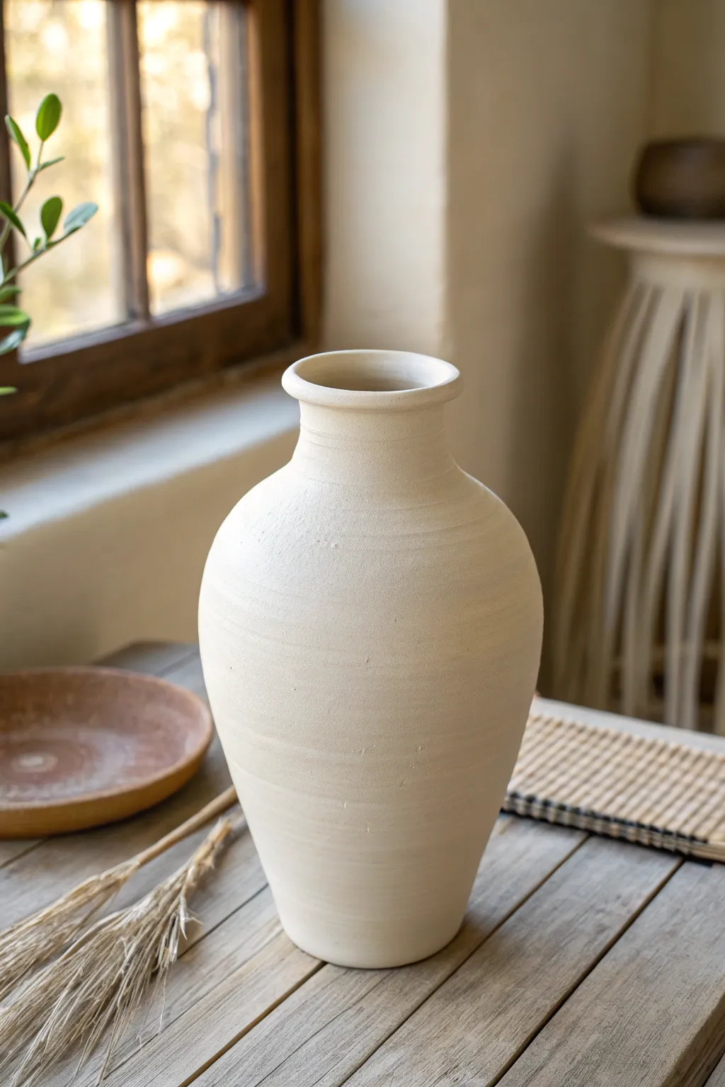 Belly-out slab cylinder vase with a gentle curve, matte finish, and calm minimalist silhouette.