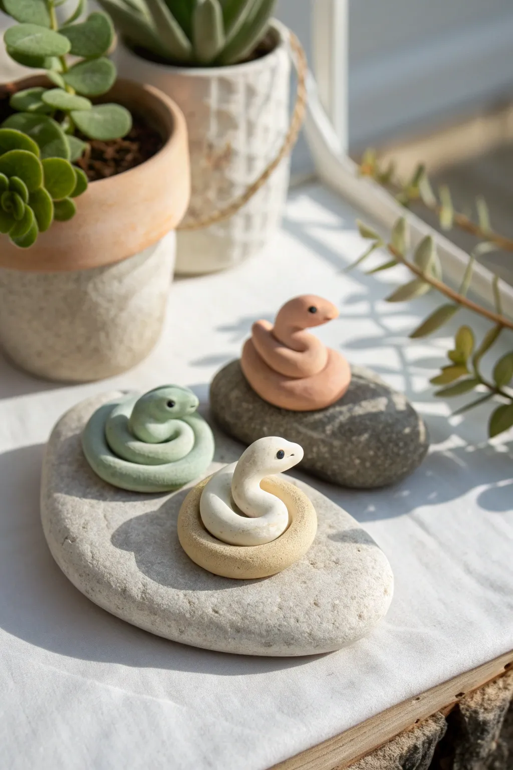 Tiny clay snake trio on a pebble base, minimalist boho decor with calming natural contrast.