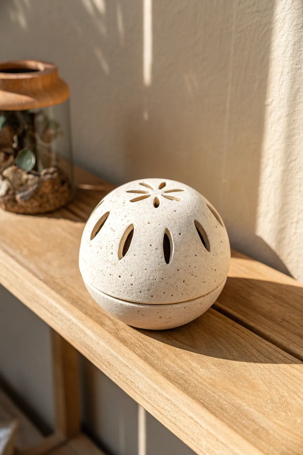 Minimal ceramic rattle sphere with hidden sound, matte stoneware and delicate cutouts.