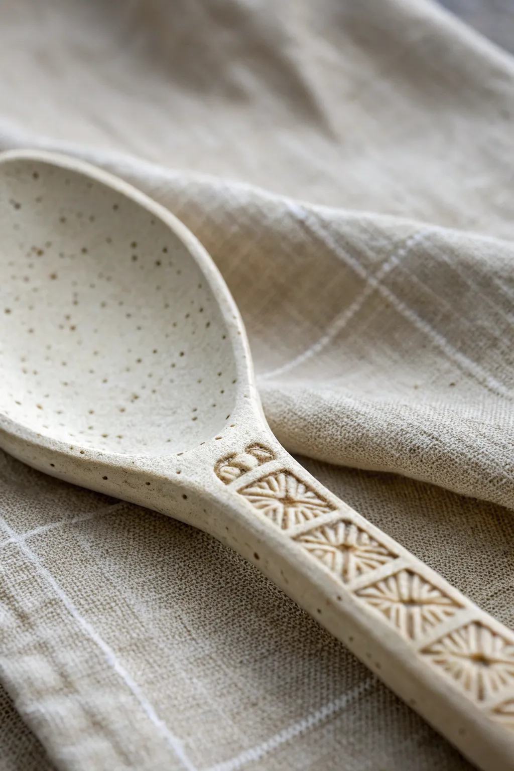 Minimal clay spoon with crisp stamped handle texture on linen for a soft Scandinavian boho look.