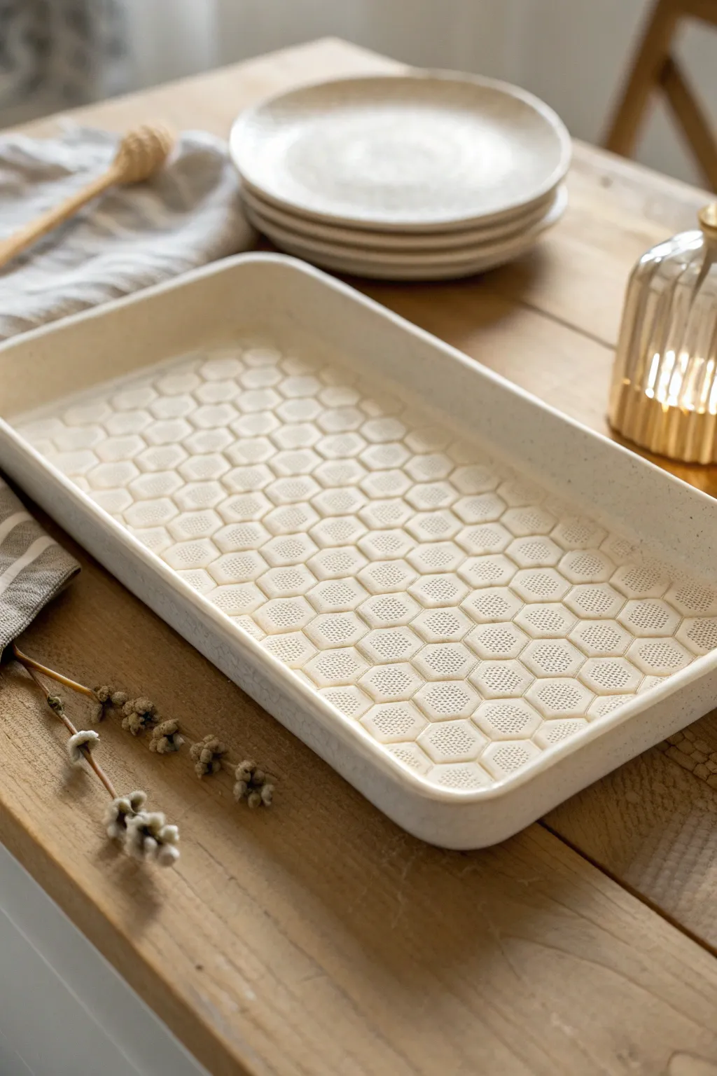 Minimal hexagon-stamped tray with clean honeycomb texture and bright Scandinavian contrast