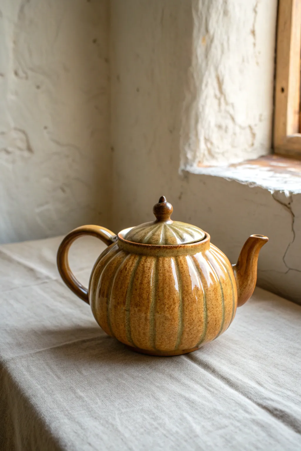 Gourd-inspired clay teapot in amber glaze, Scandinavian minimalism with a soft boho touch.