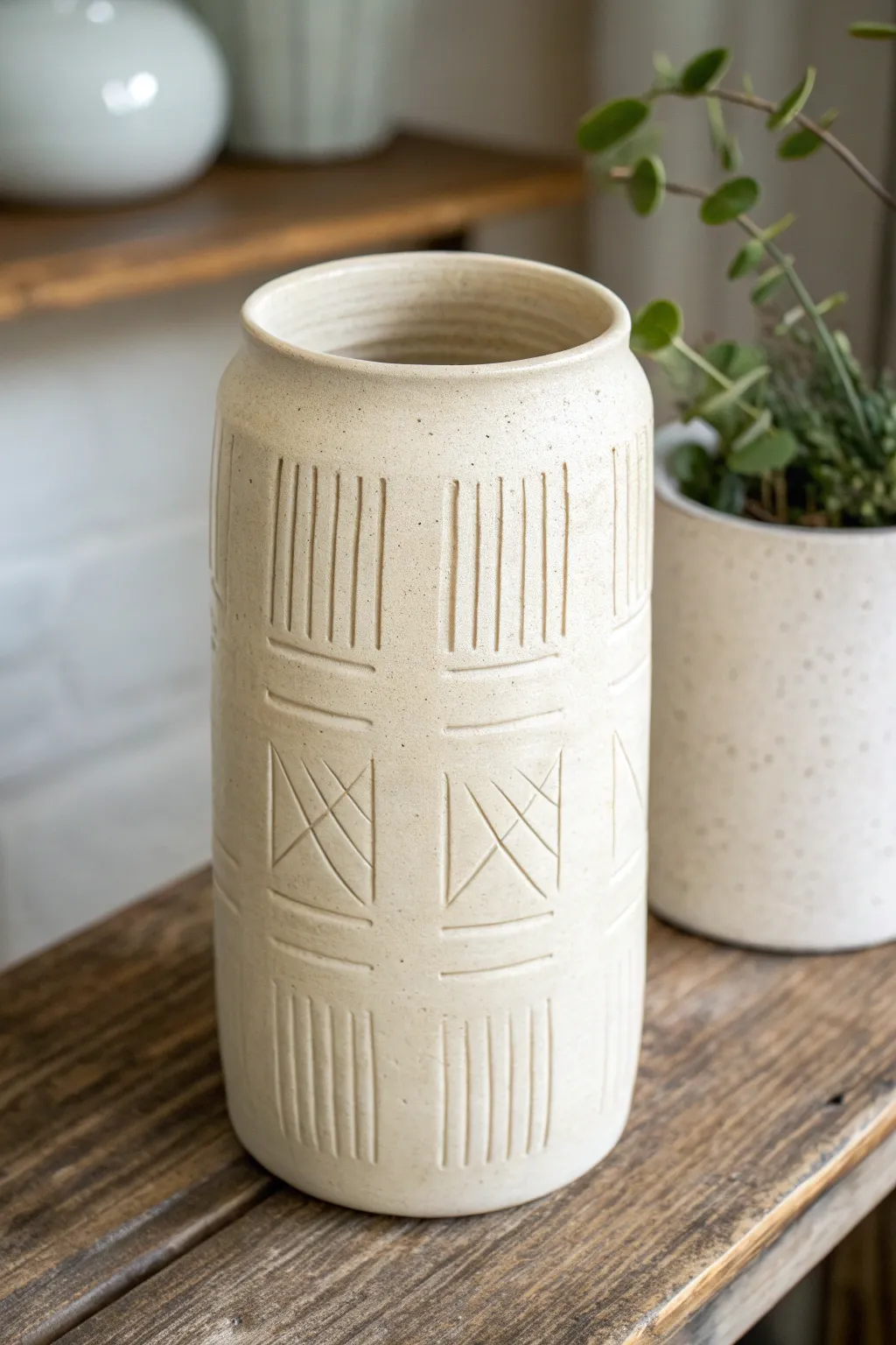 Simple carved lines and soft crosshatch sgraffito for an elegant, minimalist clay texture