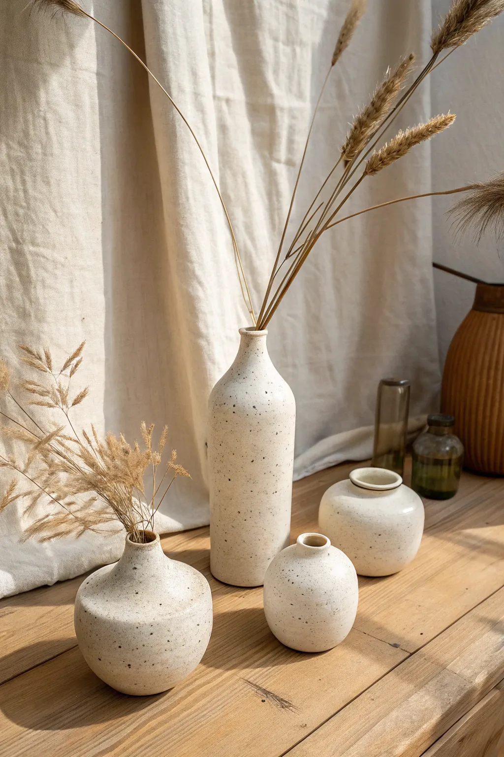 Three minimalist wheel-thrown bud vases with narrow necks, perfect clay throwing inspo