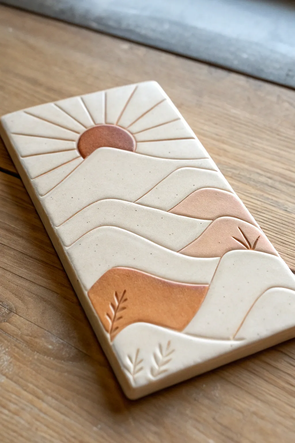 Minimal mountain sunset layered relief tile, clean Scandinavian style with a warm boho feel