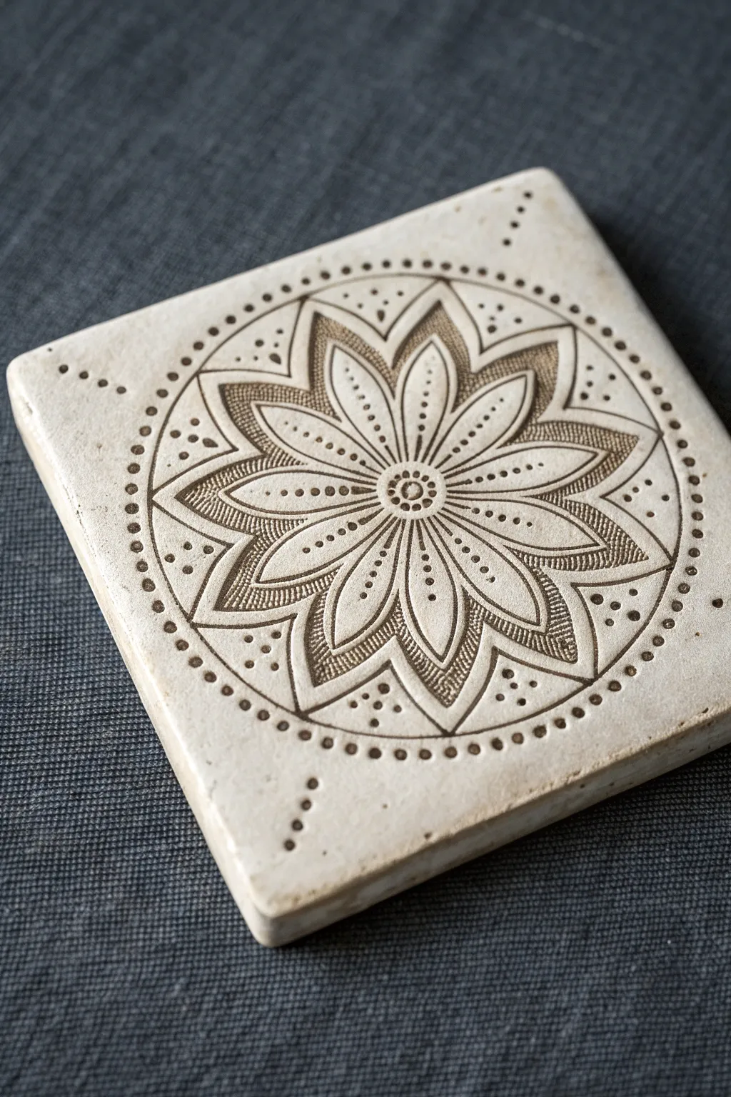 Radial mandala starburst clay tile in calm minimalist boho style, crisp contrast and handmade charm