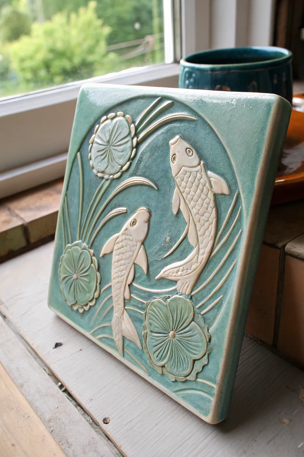 Serene koi and lily pad relief tile with ocean glaze pools, minimalist boho pottery decor