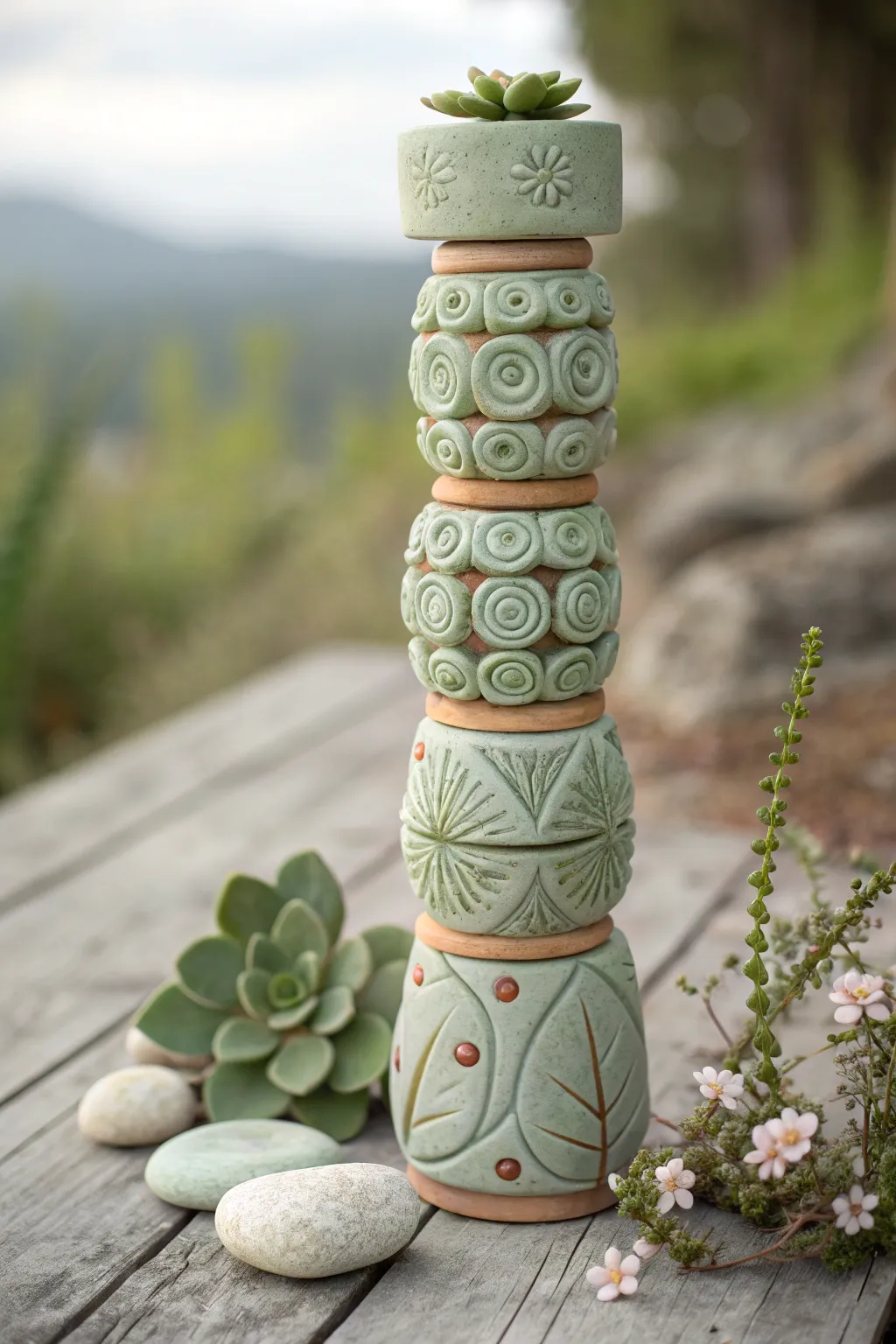 Soft green succulent-inspired clay totem with simple carved leaves, minimal styling, high contrast.