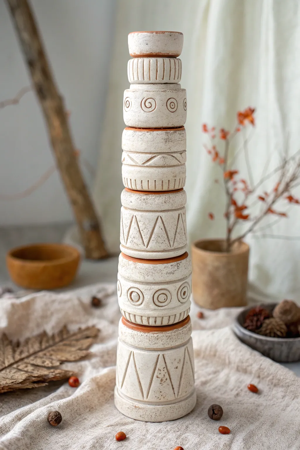 Alternating matte texture and glossy glaze for a striking, minimalist clay totem stack