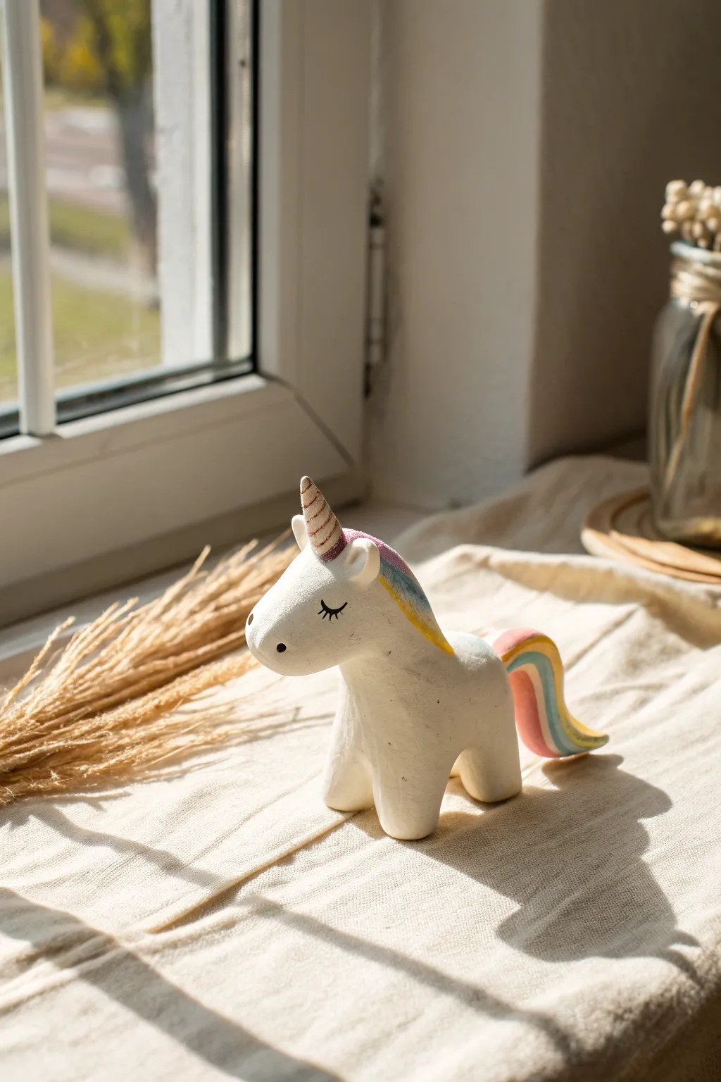 Mini clay unicorn with rainbow mane stripes, a sweet minimalist toy for easy beginner pottery fun
