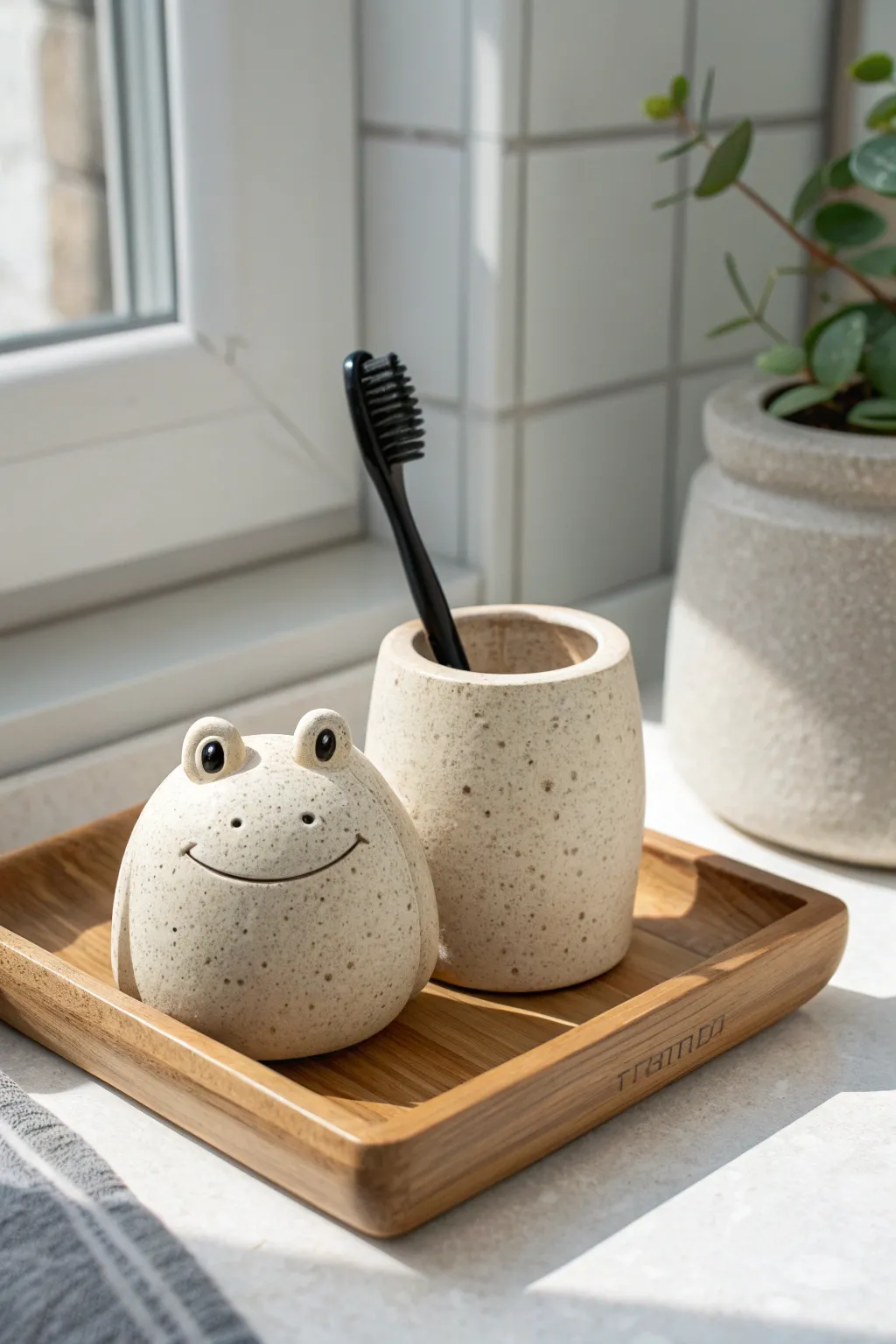 A cute frog clay toothbrush holder adds playful charm and calm Scandinavian order to your sink.