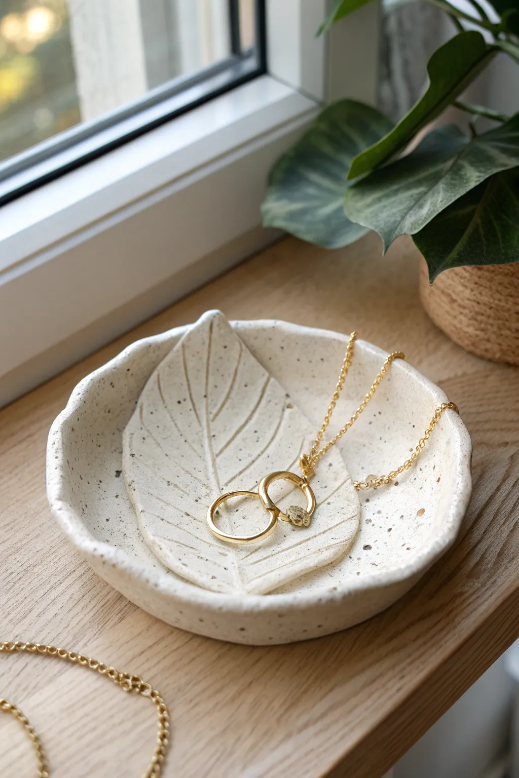 Leaf-imprint clay trinket dish with a soft satin finish, perfect for rings and a delicate chain.