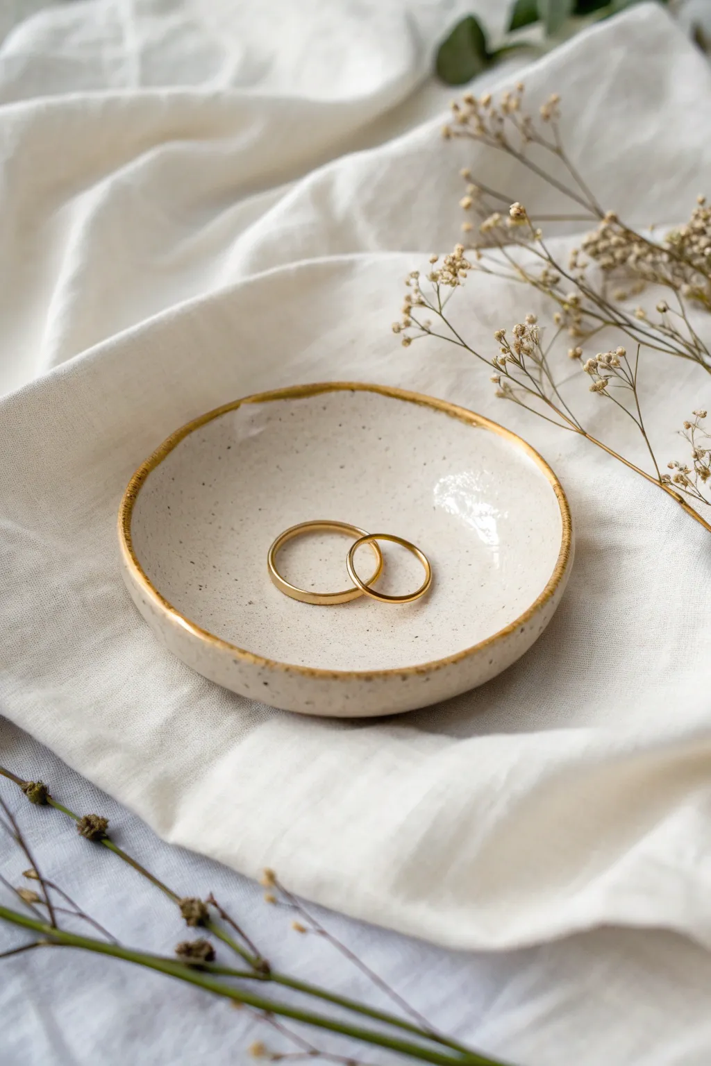 Gold-rimmed clay trinket dish on linen, a minimalist spot to hold your favorite rings.