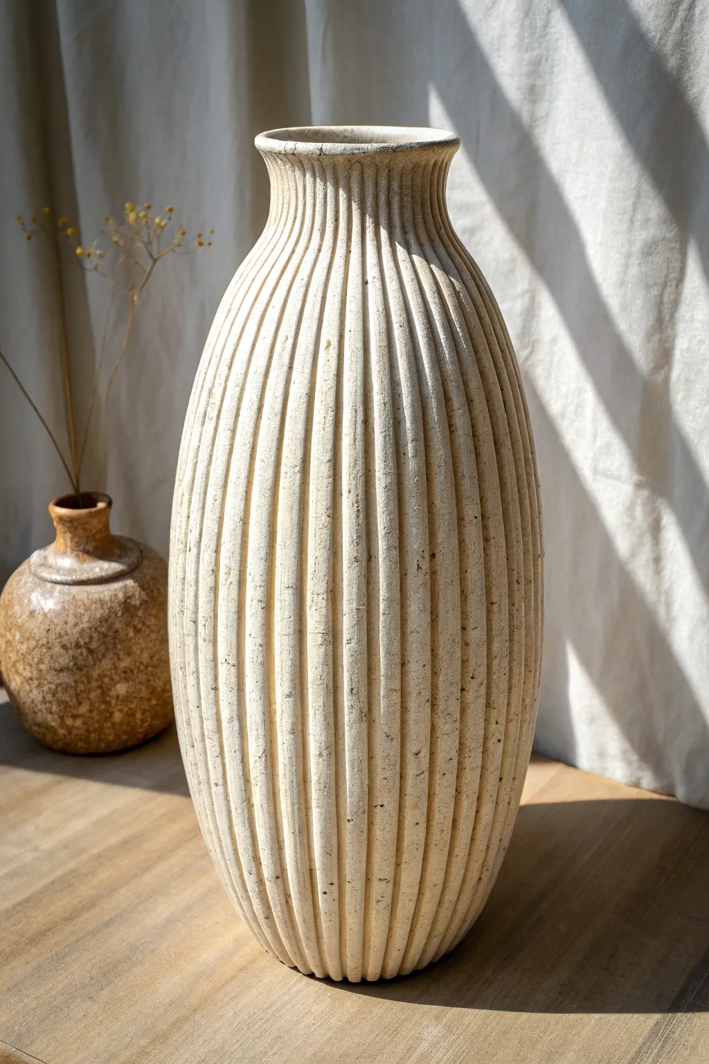 Fluted ribs and side lighting create crisp shadow lines on a minimalist handmade clay vase.