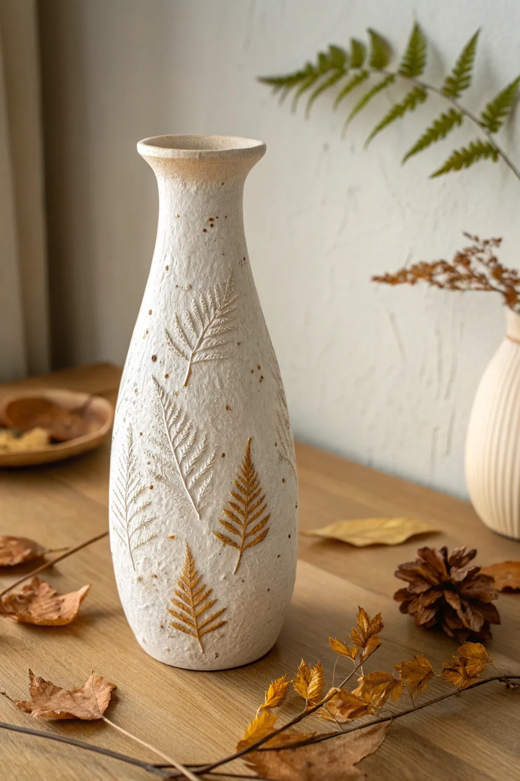 A slim clay vase with all-over pressed leaf textures, softly lit for crisp natural detail.