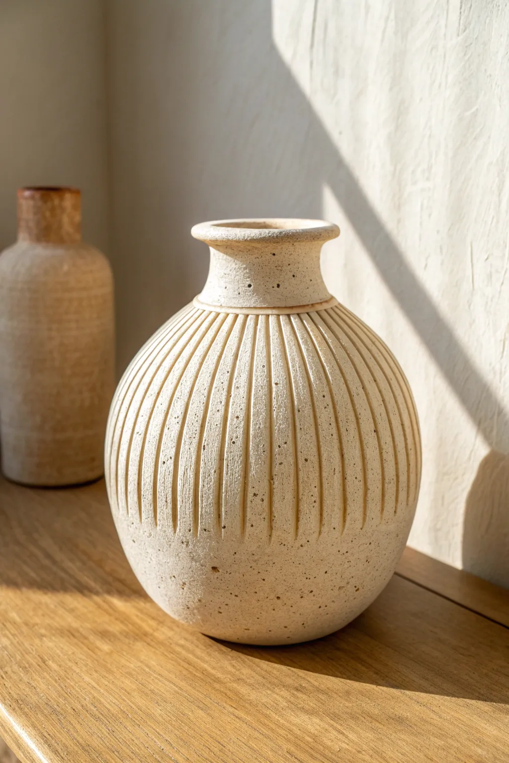 Hand-carved vertical grooves and a soft matte finish make this clay vase quietly striking.