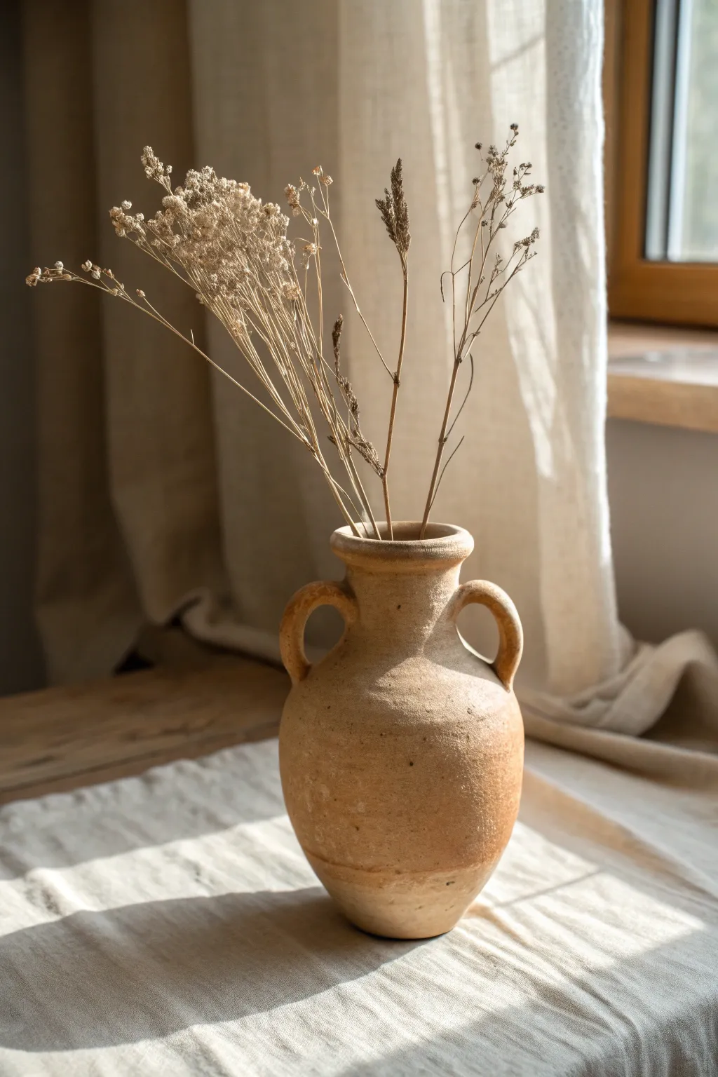 Easy mini amphora vase with two loop handles, softly wonky, styled with dried stems and warmth.