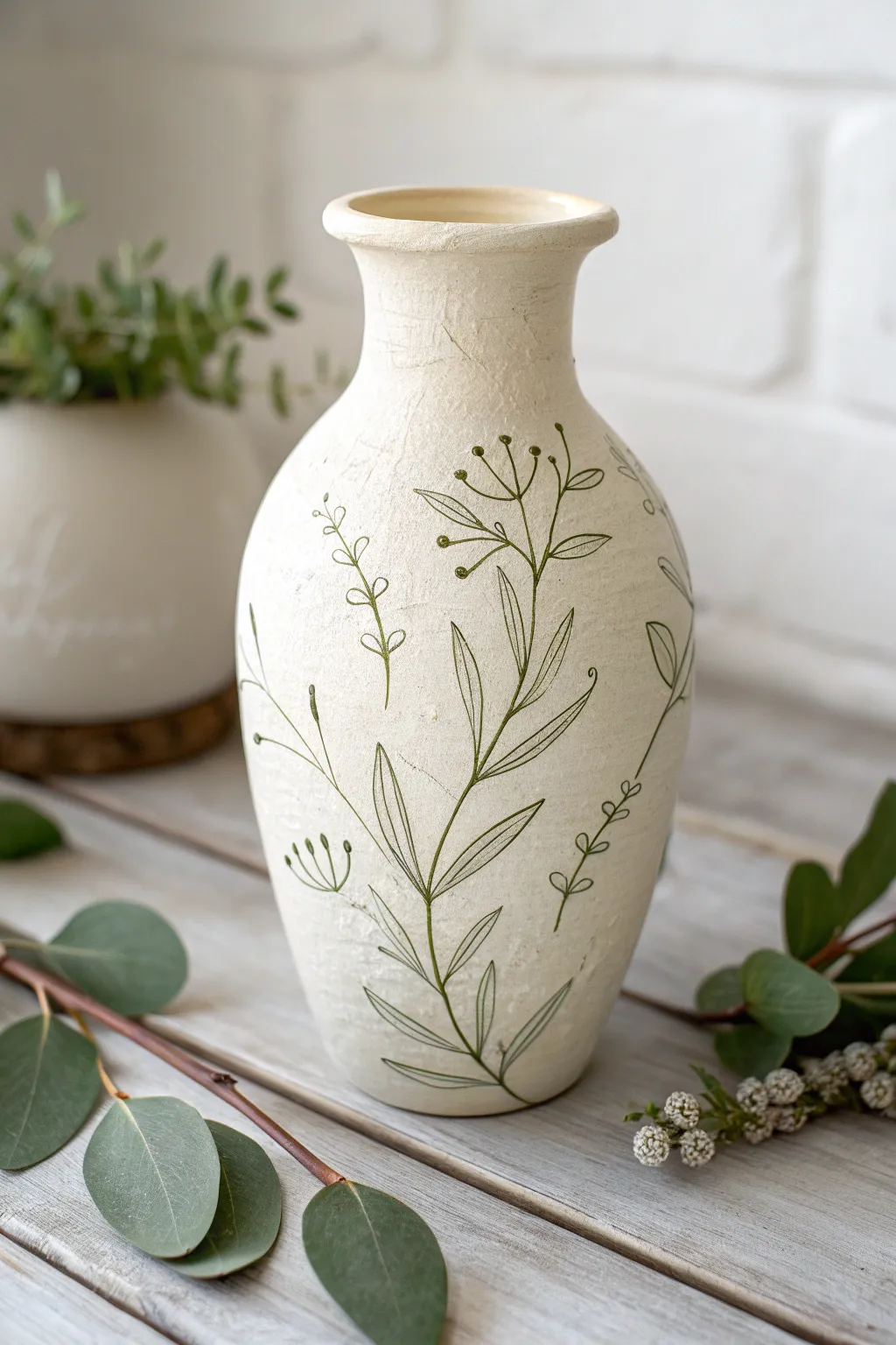 Minimal clay vase with simple green vine line art, styled with eucalyptus for calm boho charm