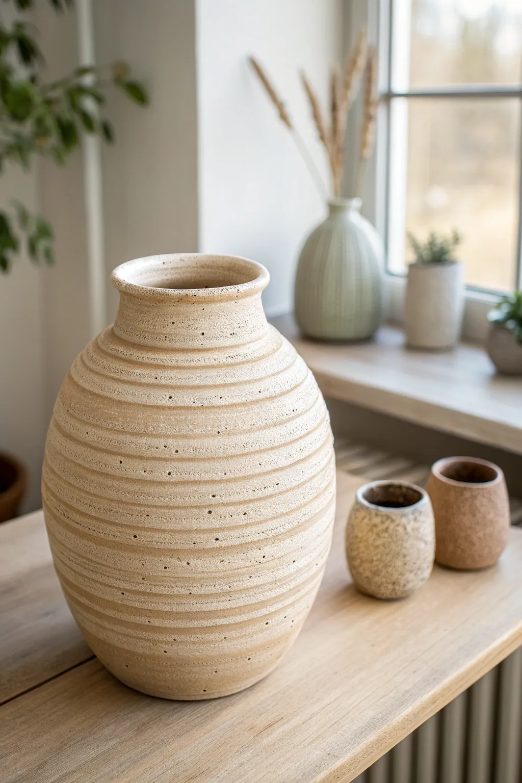Softly ridged coil pot vessel in warm clay tones, minimalist styling, handmade charm.