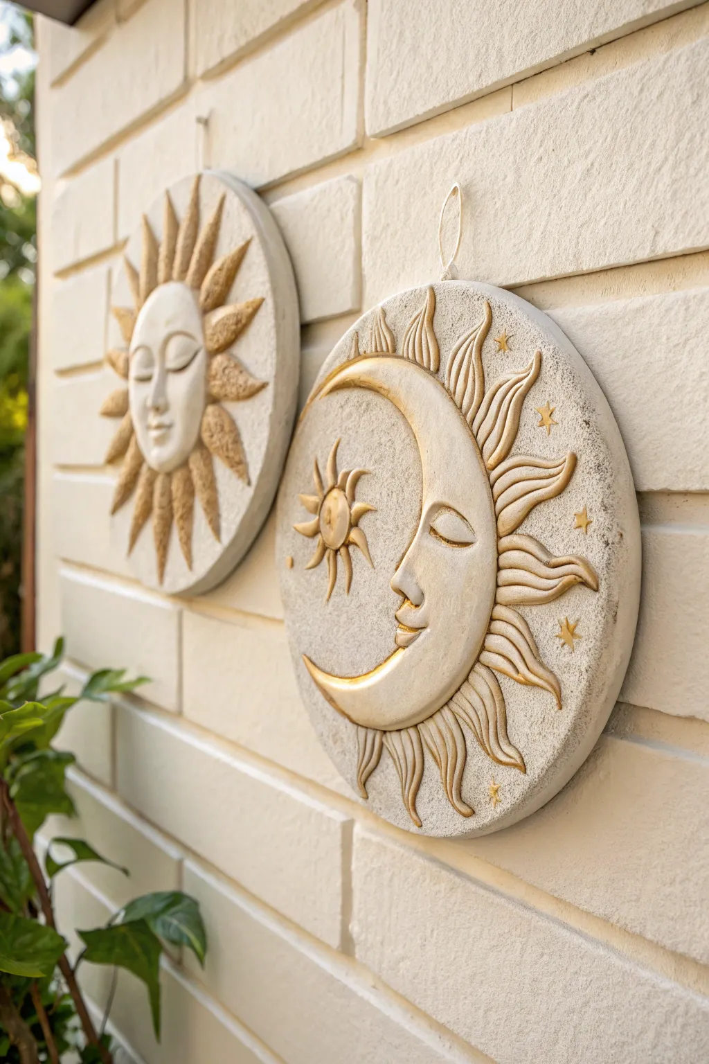 Sun and moon clay medallions with subtle metallic highlights for calm, minimalist wall art.