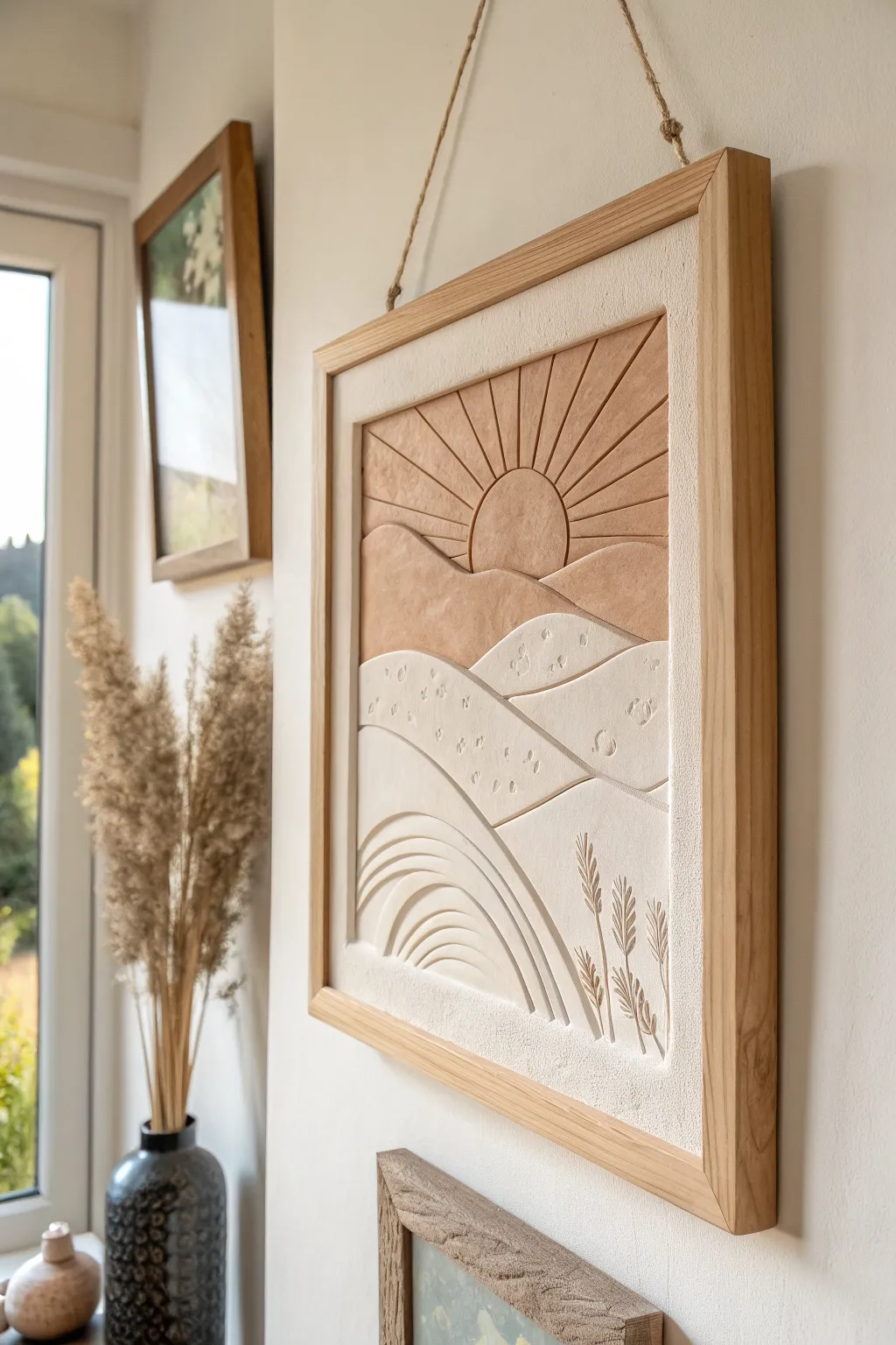 Framed clay landscape bas-relief for serene Scandinavian wall decor with a soft boho touch
