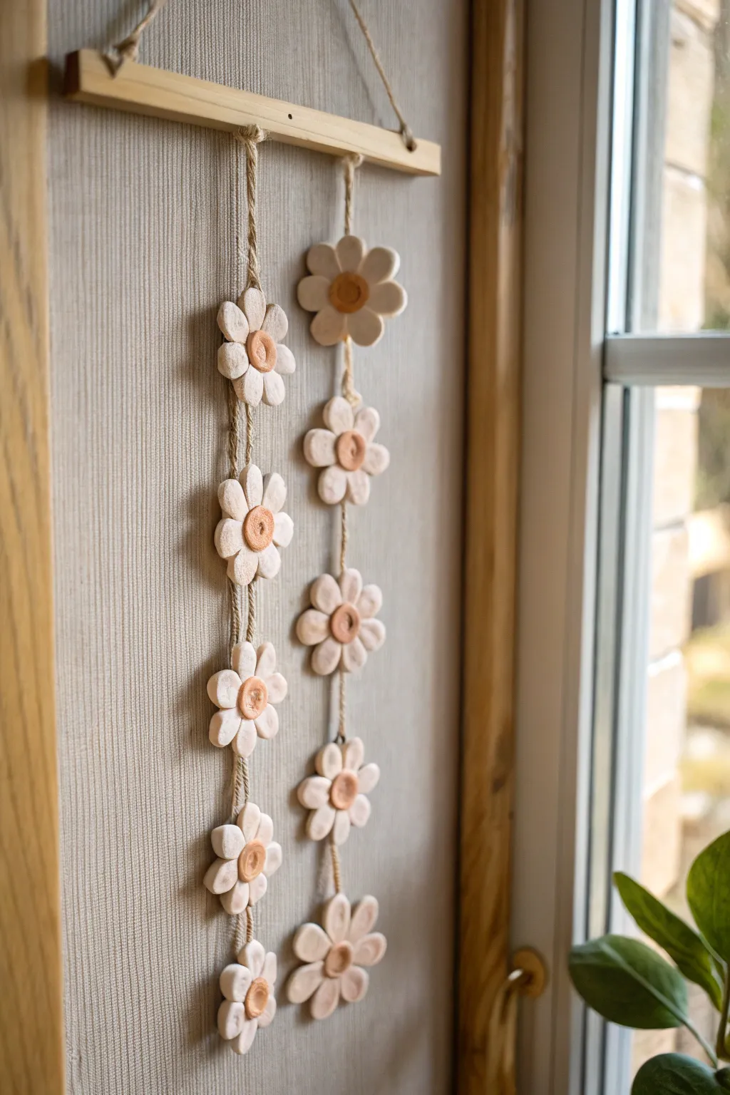 Daisy chain clay wall hanging in soft blush and cream, minimalist boho charm for cozy walls.