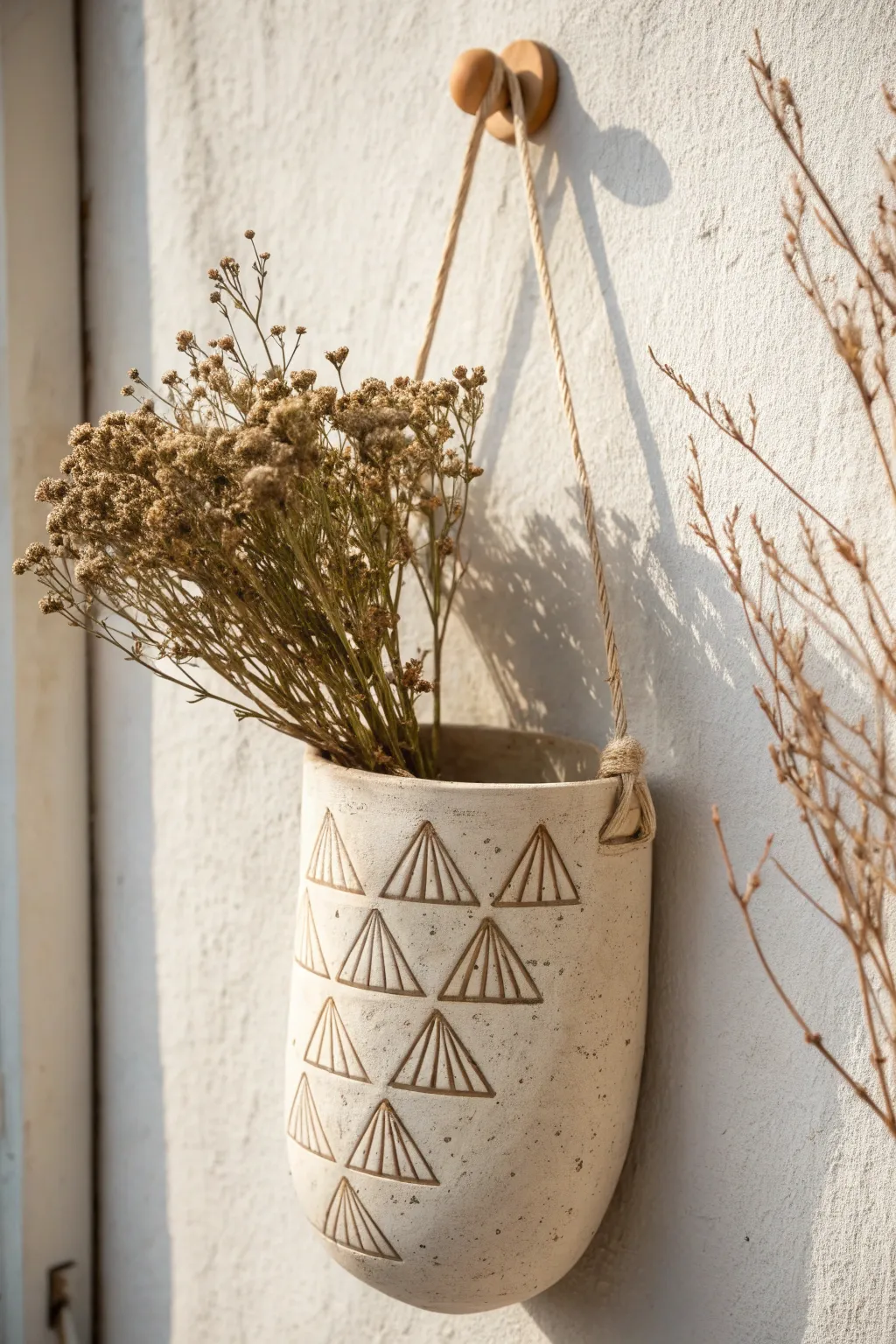 Stamped geometric clay wall pocket with cord hanger and dried stems, minimalist boho calm