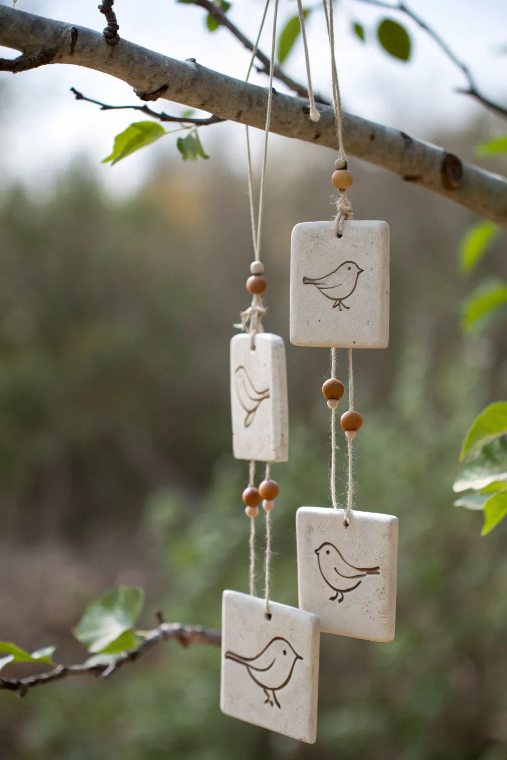 Minimal clay wind chime with bird silhouette tiles, softly hanging from a natural branch