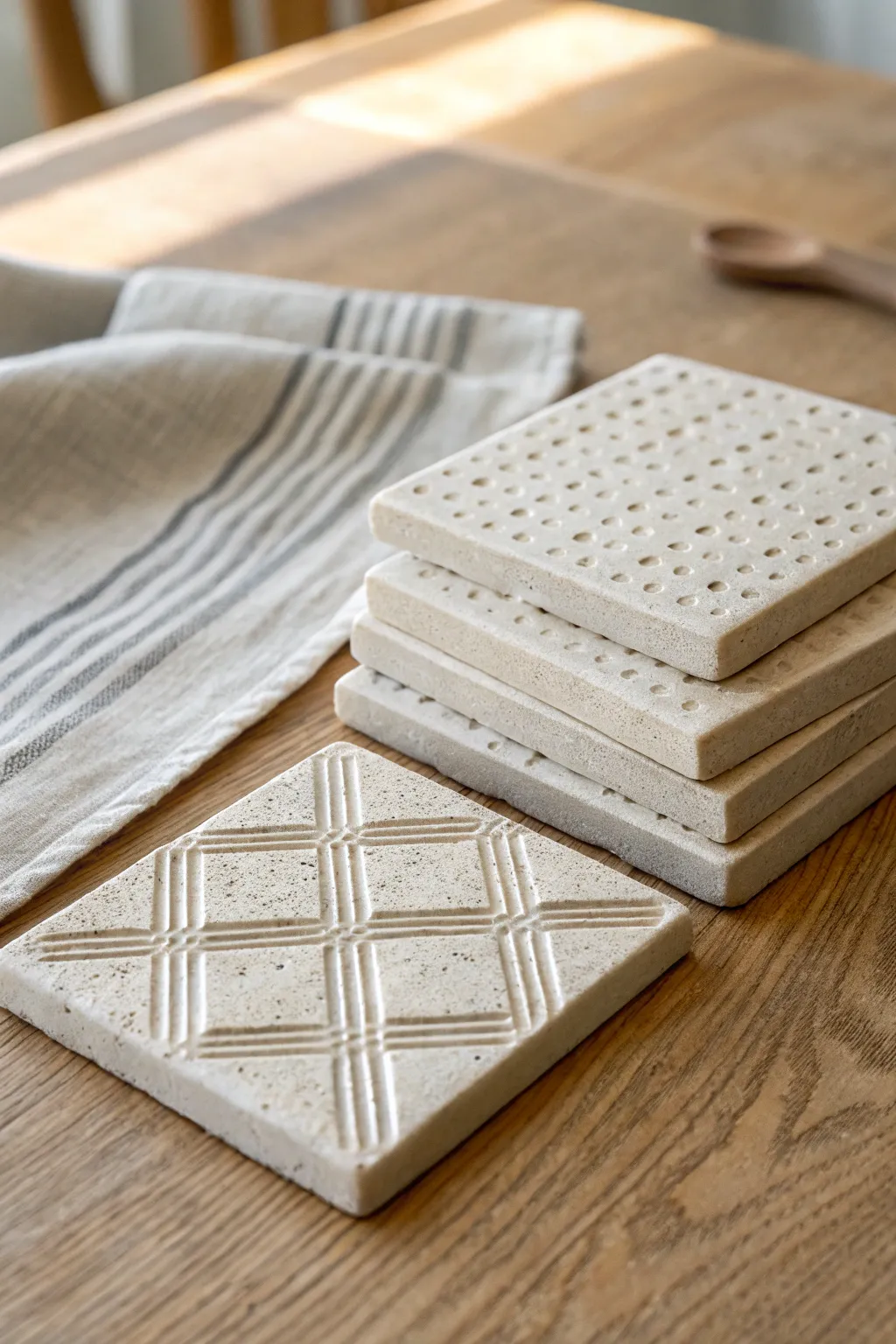 Minimal clay tile coaster set with simple carved patterns for an easy, stylish workshop project
