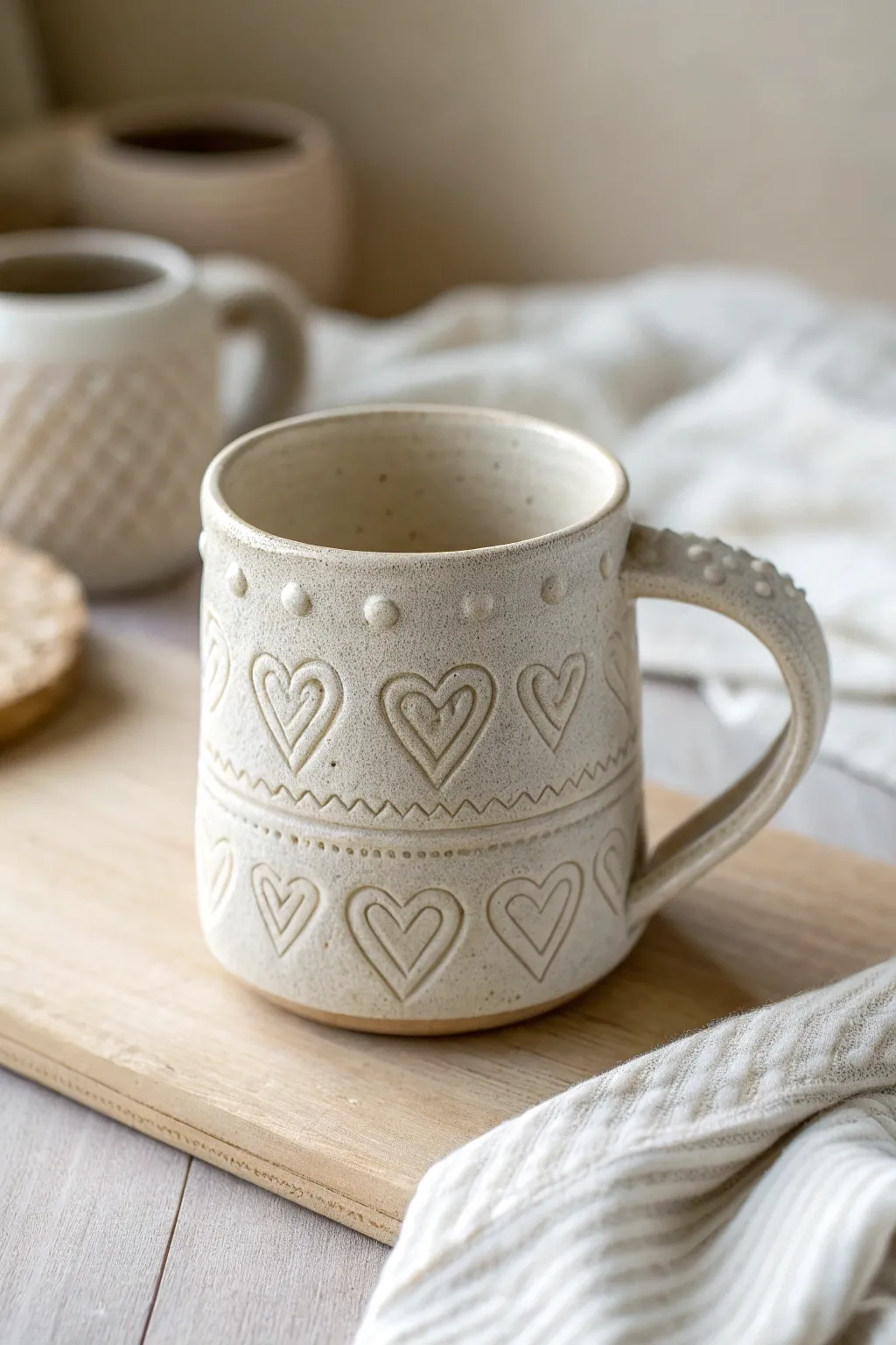Raised slip-trailed doodles add touchable texture to a minimalist mug that catches the light