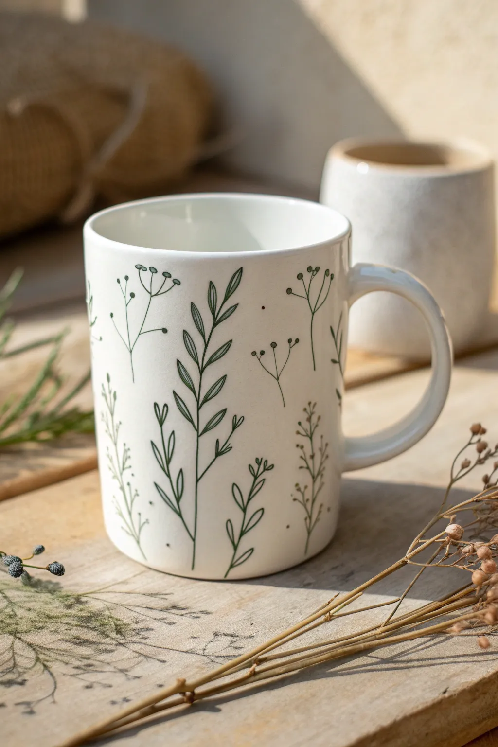 Minimal white mug with hand-painted green sprigs, styled with dried stems for soft boho calm.