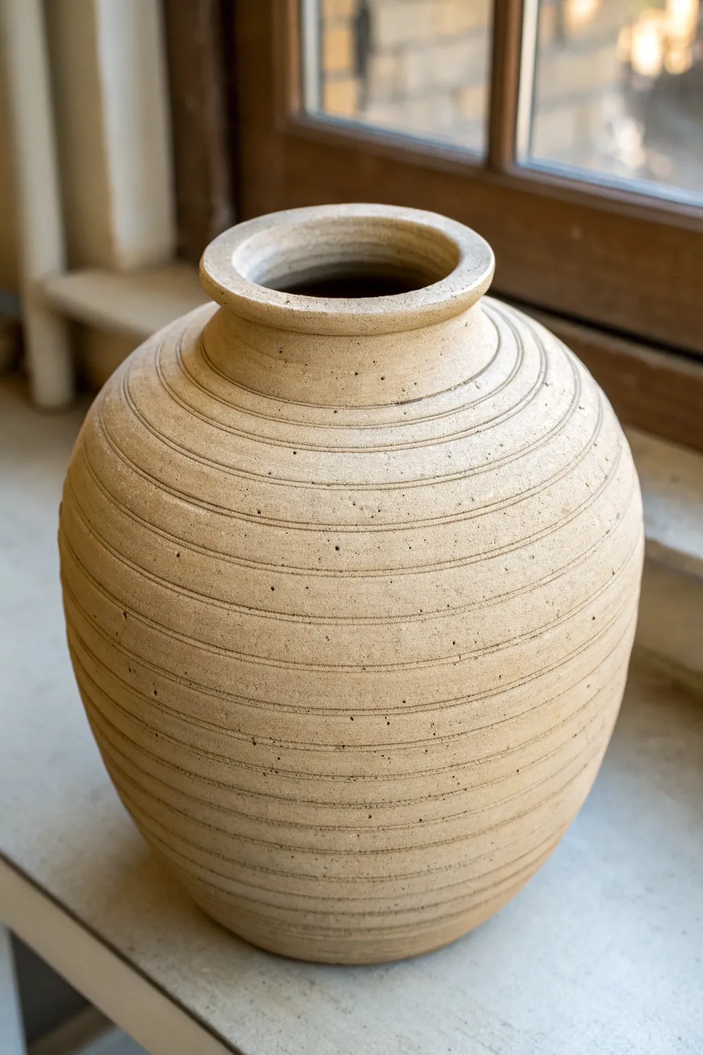 Small-mouth coil jar with a full belly and visible coils, simple, timeless, and handmade.