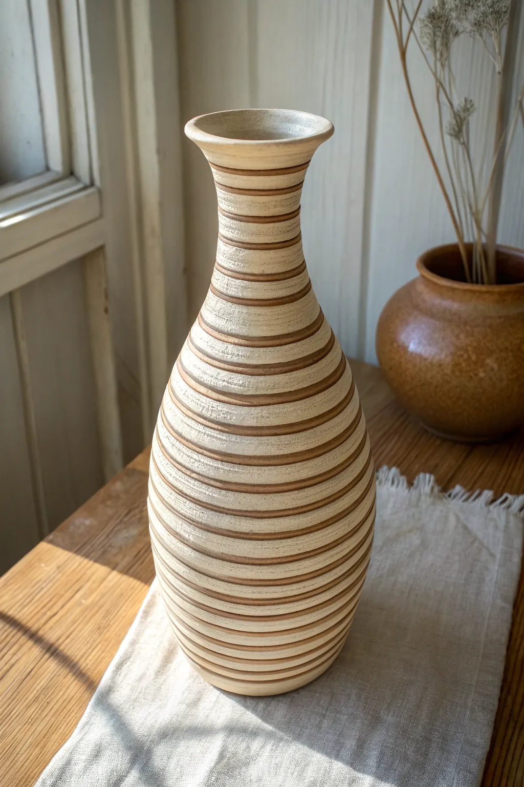 Minimal striped coil vase in earthy tones, matte finish and bold bands for a calm boho look