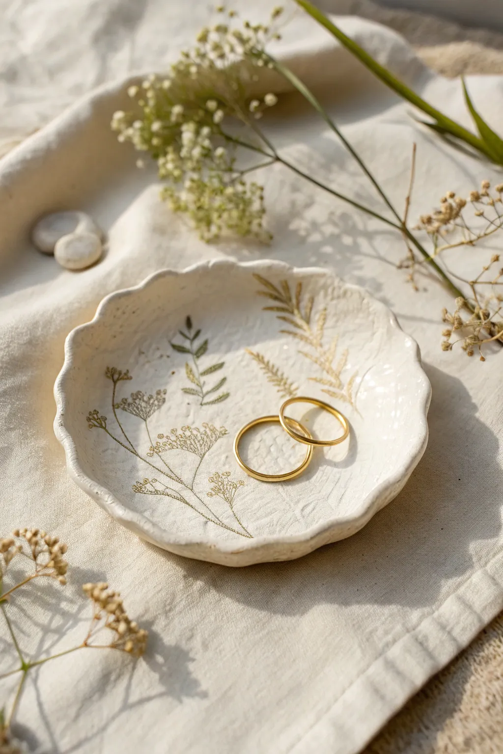 Delicate textured cold porcelain trinket dish with soft waves, ready for your rings.