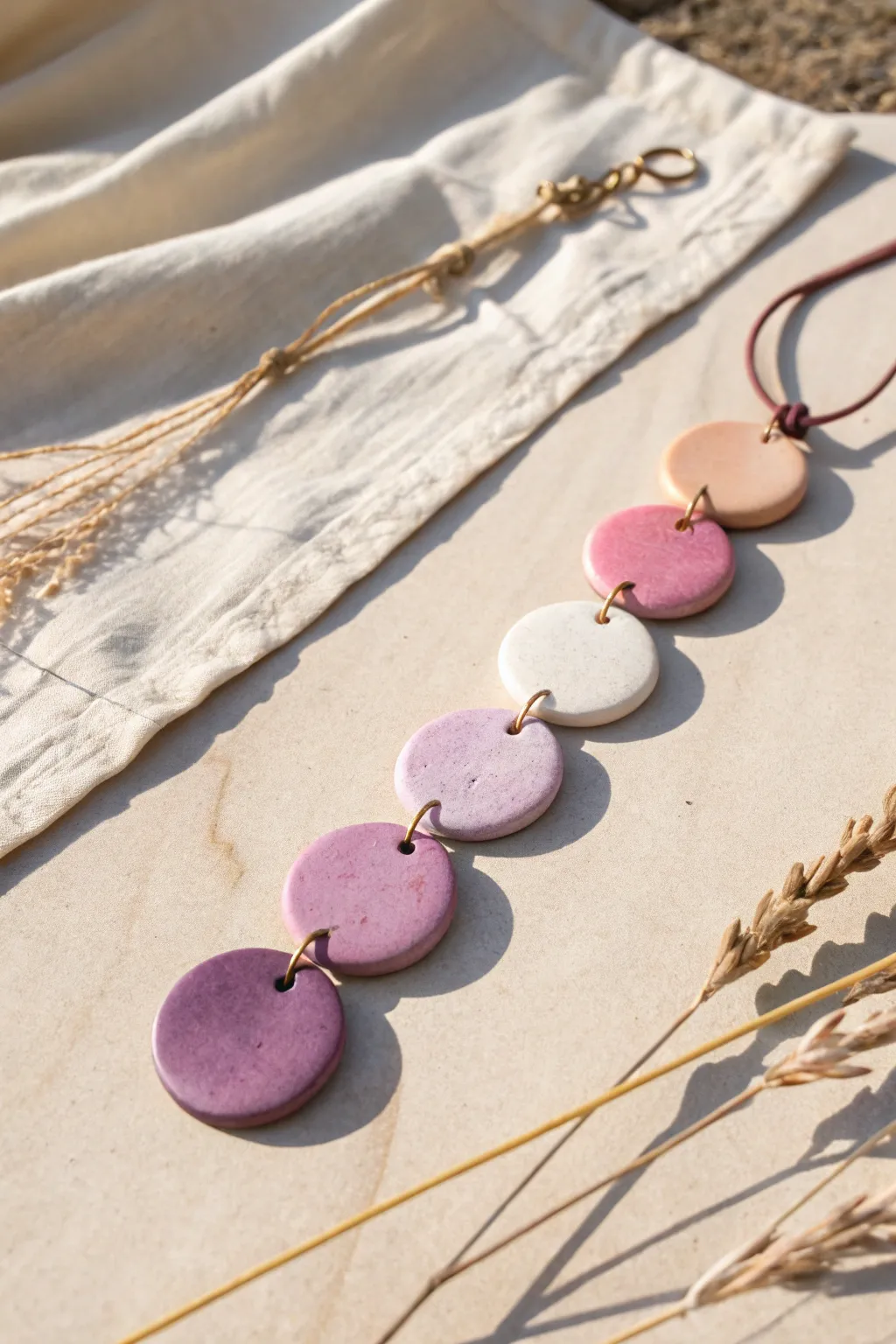 Ombre clay pendant set in soft rainbow tones, lined up for a calming gradient moment.