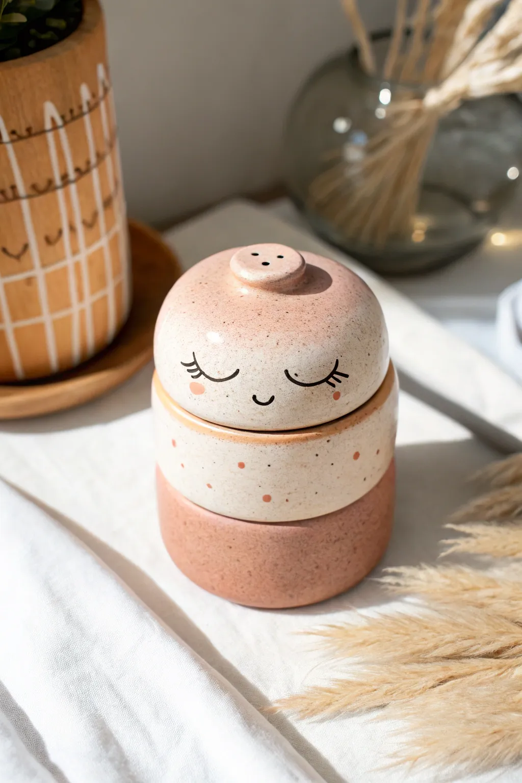 Stackable sleepy creature trinket box, lid ajar to reveal a sweet hidden storage surprise.