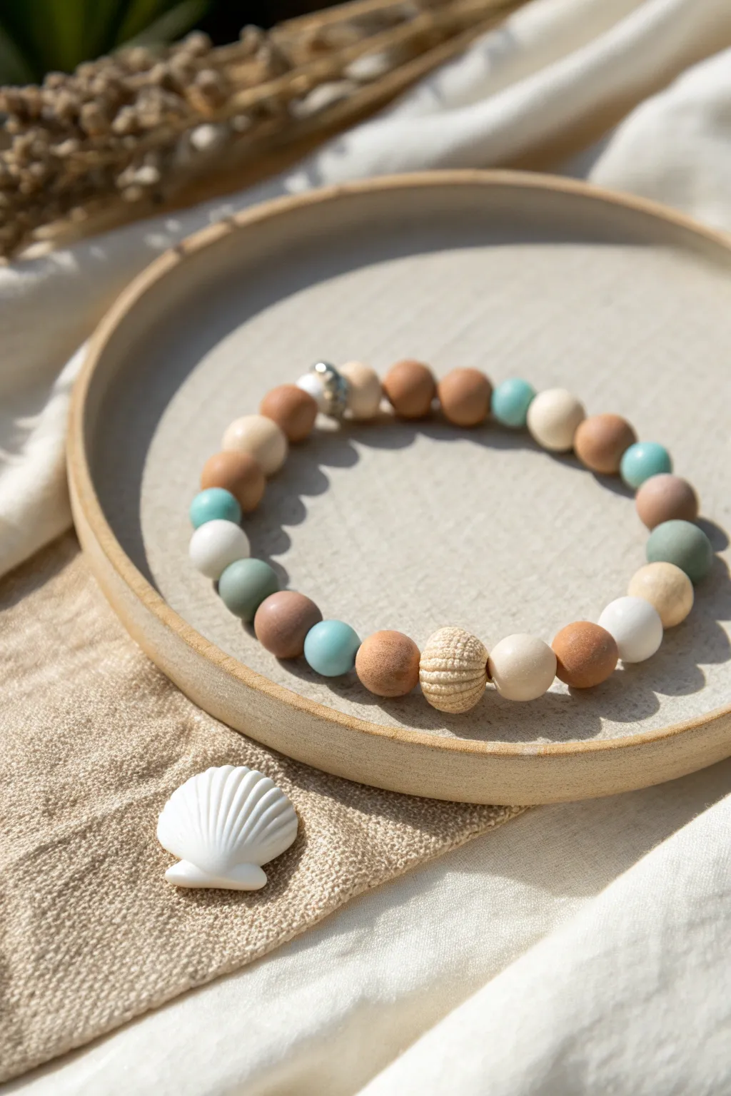 Earth tone clay bead bracelet with a shell focal bead for an easy coastal neutral look