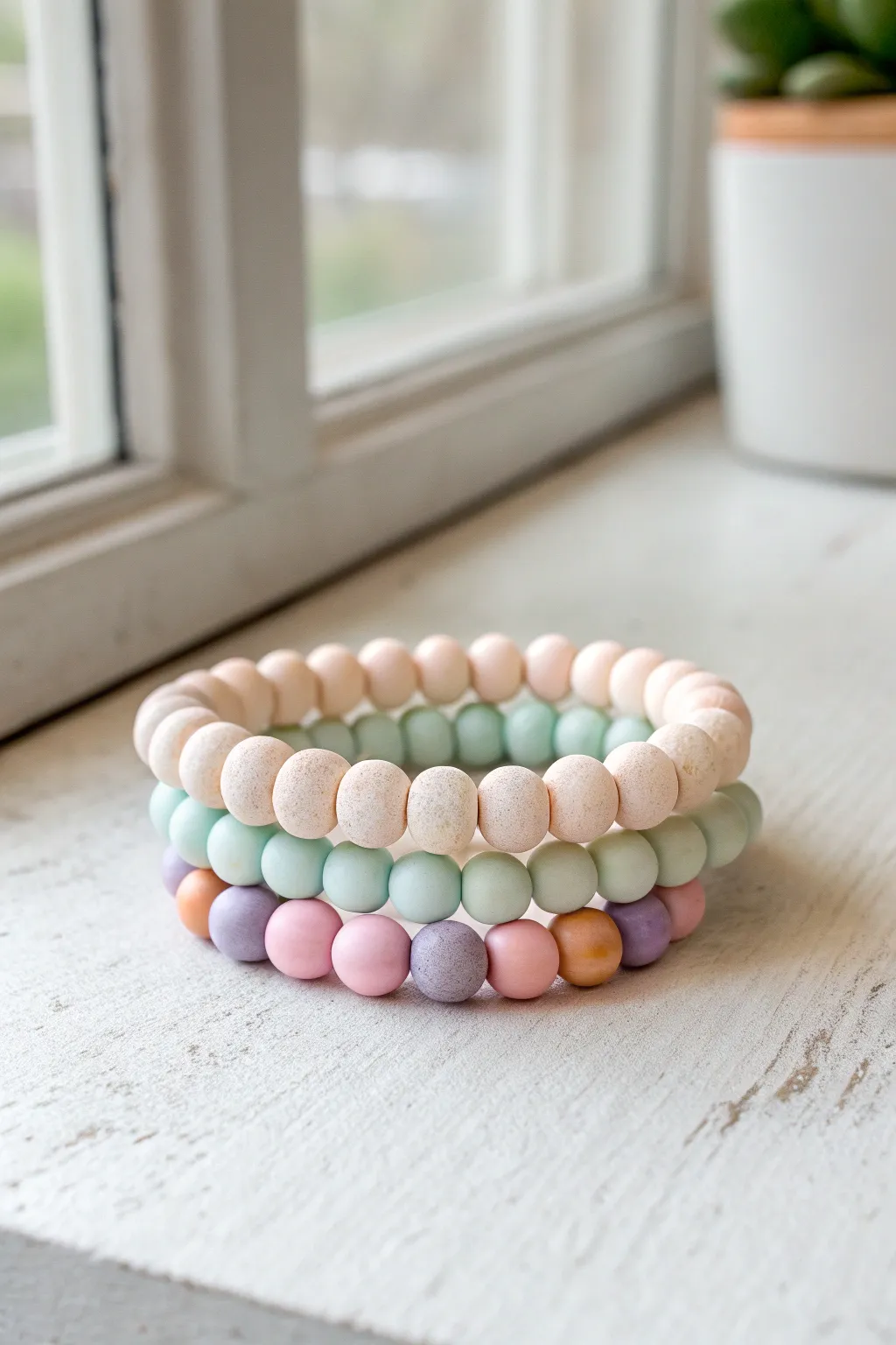 Pastel preppy clay bracelet stack, anchored in cream, styled minimal for a fresh Pinterest look.