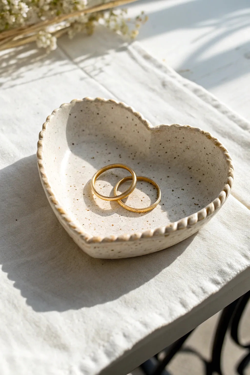 Sweet heart-shaped pinch pot ring dish in matte clay, minimal styling and soft natural light.