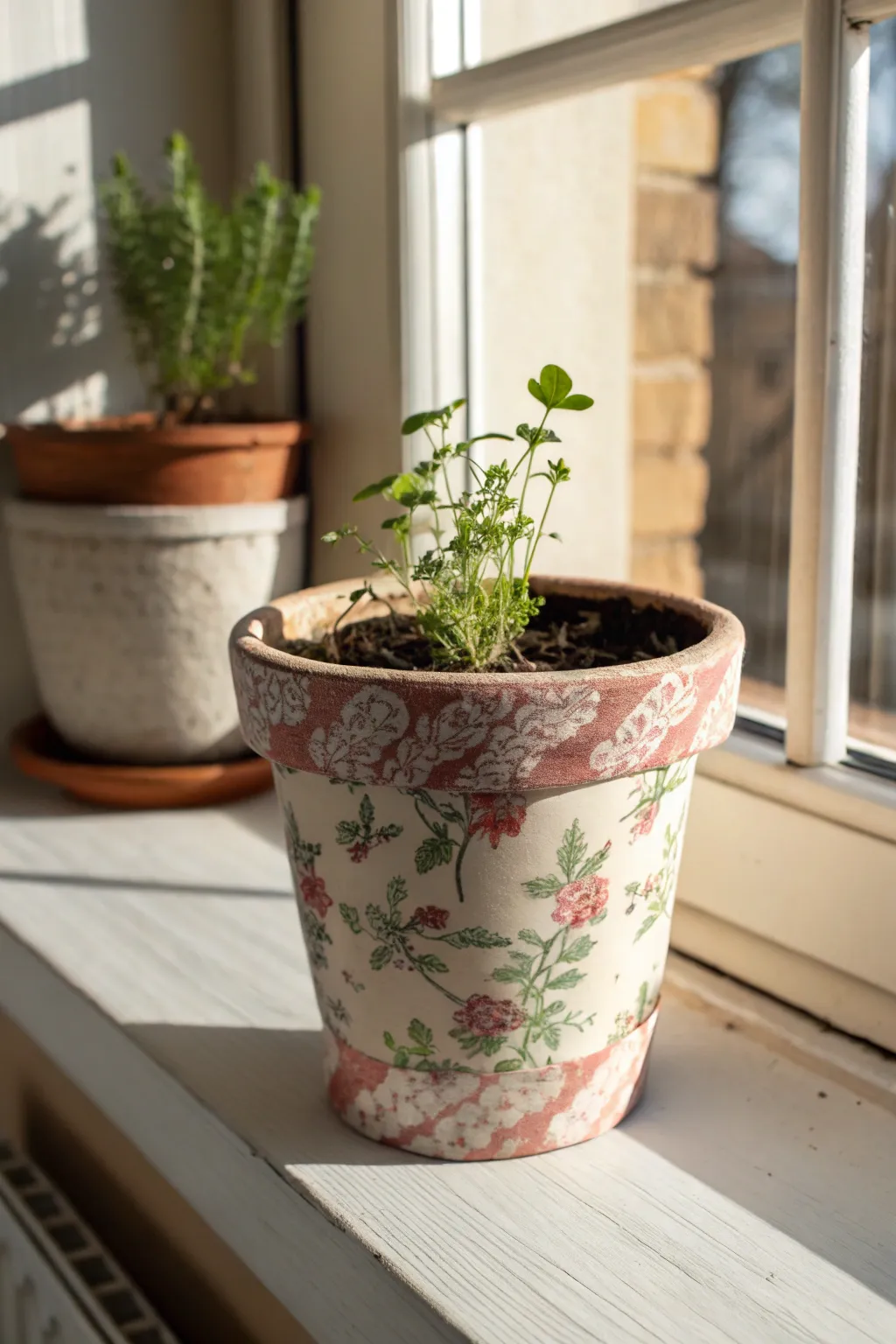 Floral fabric decoupage clay pot with fresh herbs, sunlit and minimal for cozy kitchens