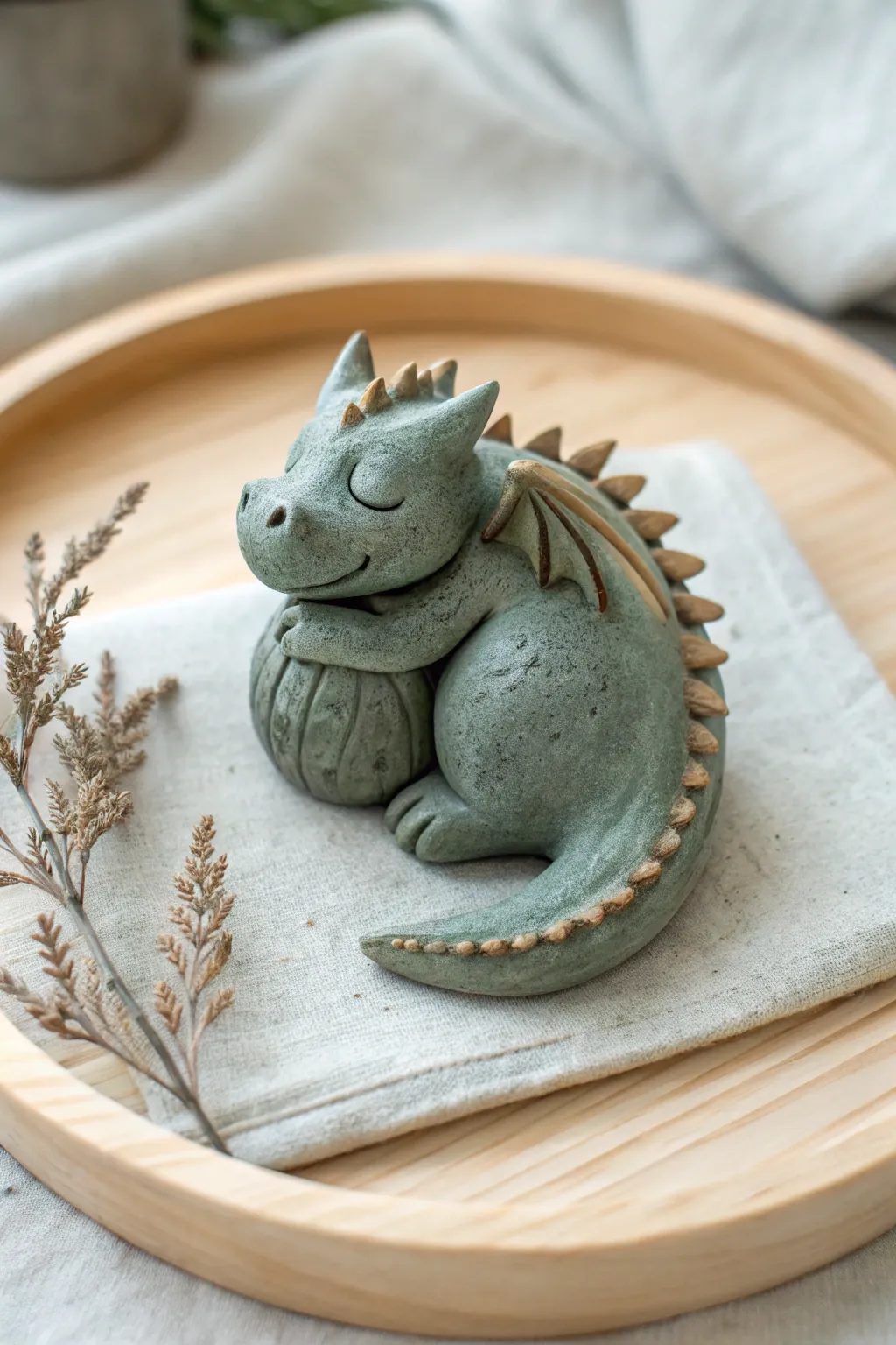 Pocket-size clay dragon with curled tail, matte finish, and simple spikes in muted tones