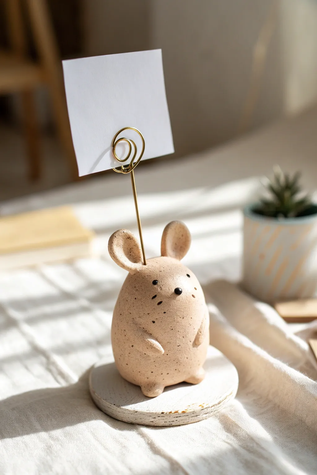 Minimal clay desk critter photo holder, playful yet calm, with a blank card clip for your memories.