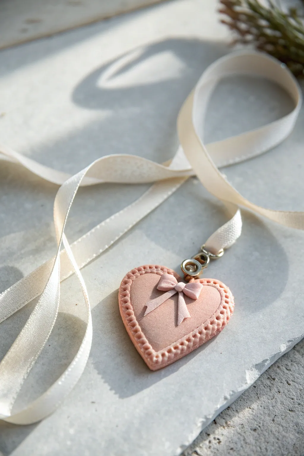 Sweet coquette heart locket pendant in blush clay, finished with a tiny bow on soft ribbon.