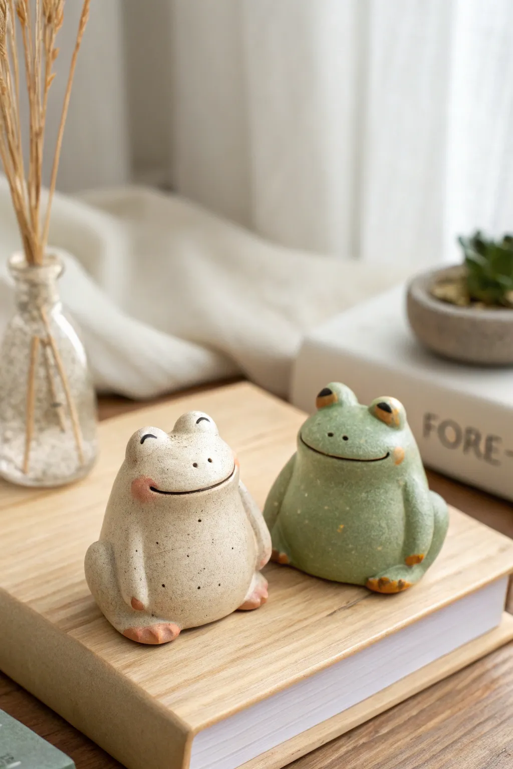 Two tiny clay desk buddies, same shape, different vibes—perfect couples challenge inspiration.