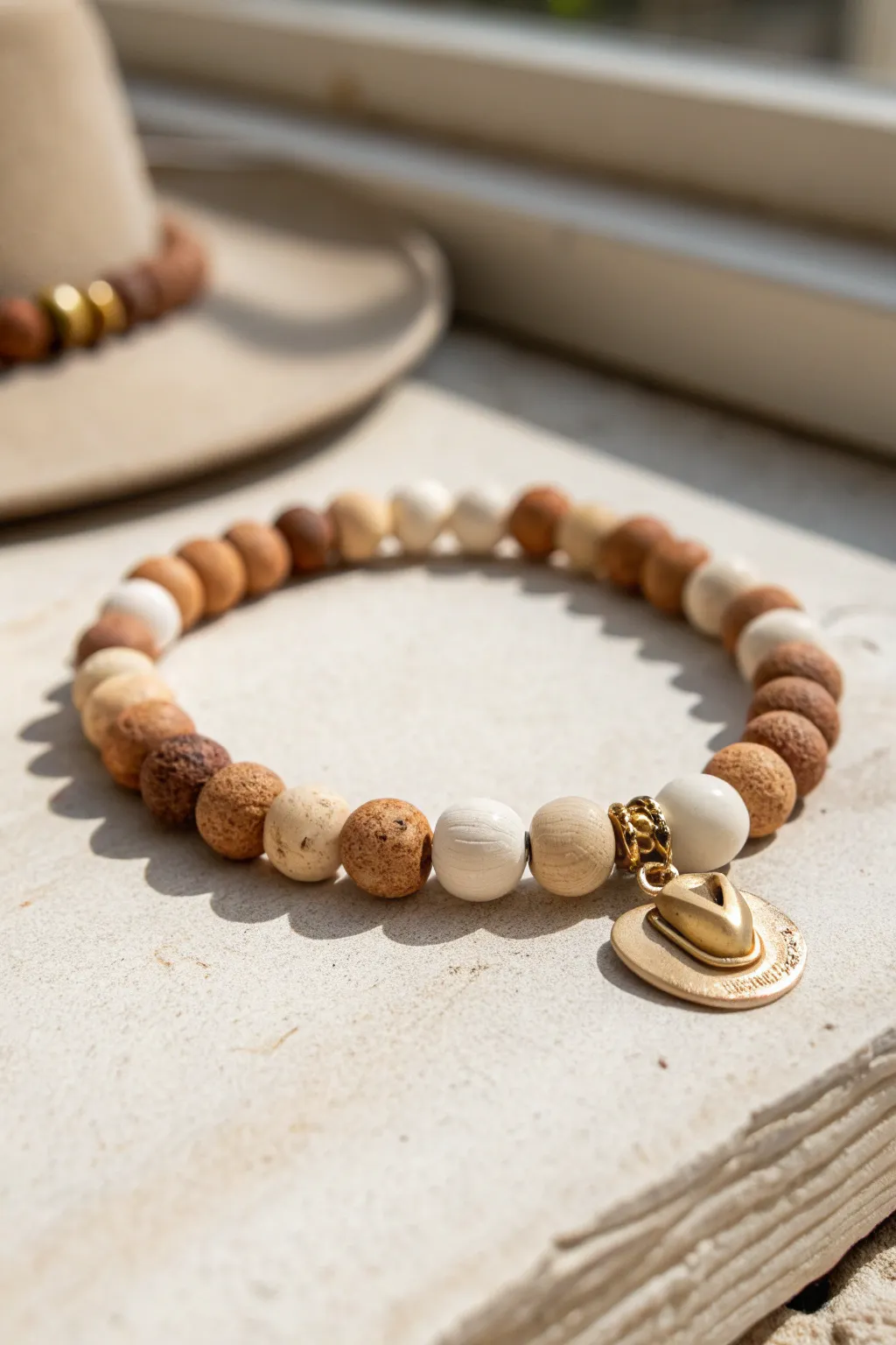 Desert-neutral cowgirl clay bead bracelet with a tiny cowboy hat charm, minimalist boho vibe.