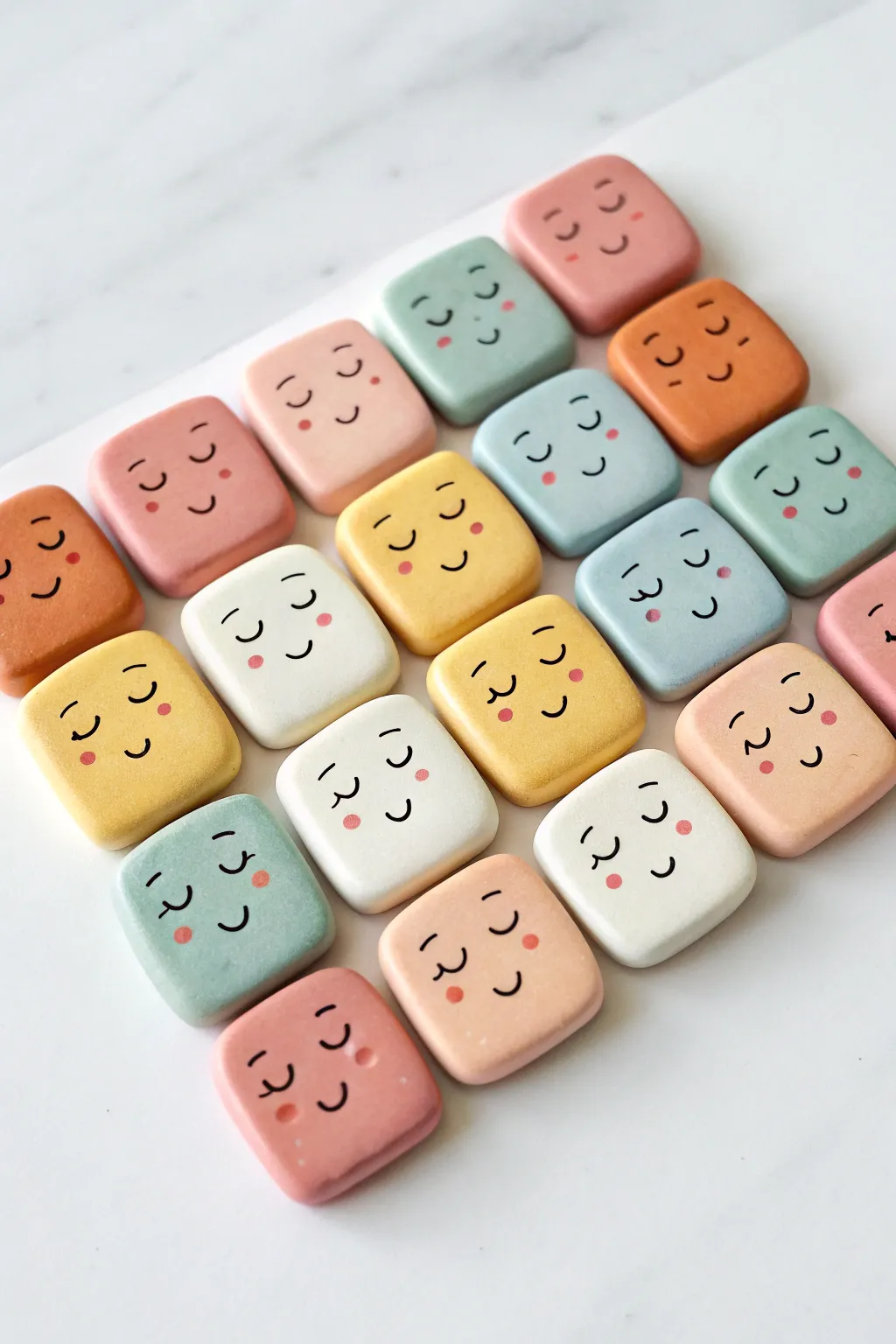 Cute handcrafted clay face magnets arranged in a clean grid, pastel brights on crisp white.