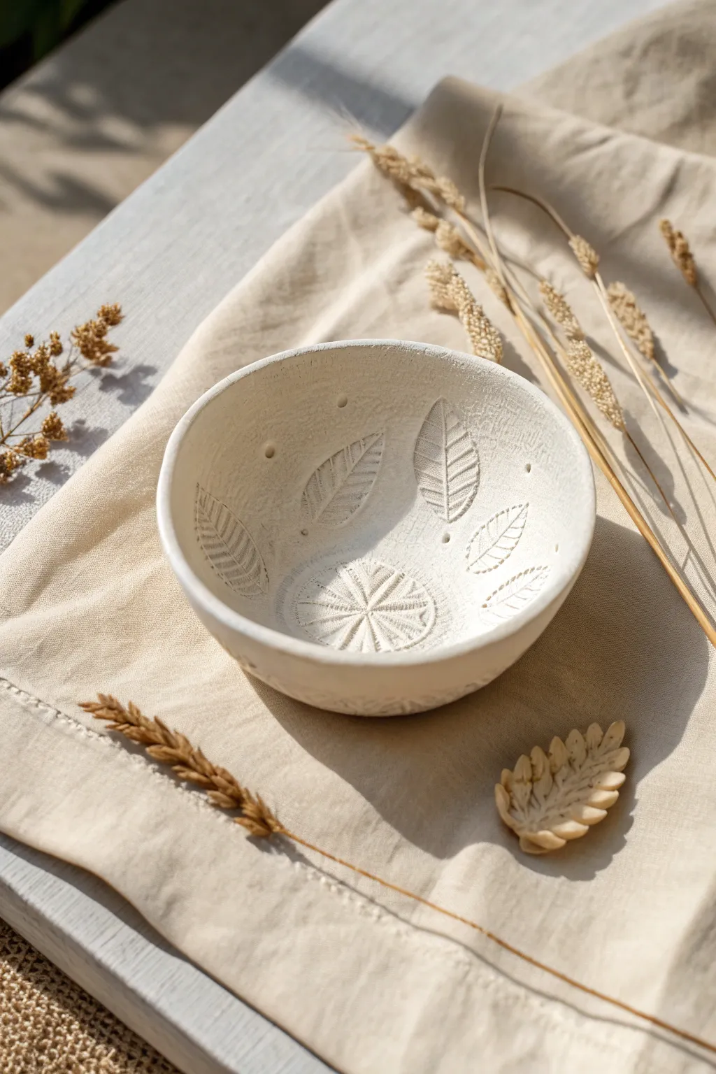 Air dry clay texture bowl with lace and botanical impressions, minimal Scandinavian flat lay.