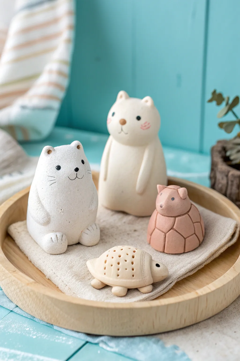 Cute clay animal figurines from basic shapes, styled minimalist with a bright, high-contrast backdrop.