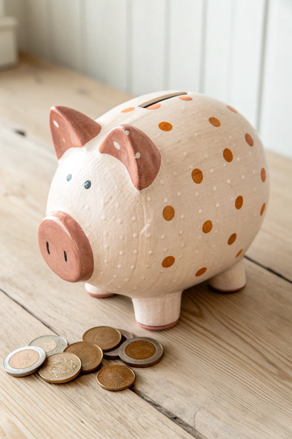 DIY polka dot piggy bank with chic color blocking, perfect for saving in style today.